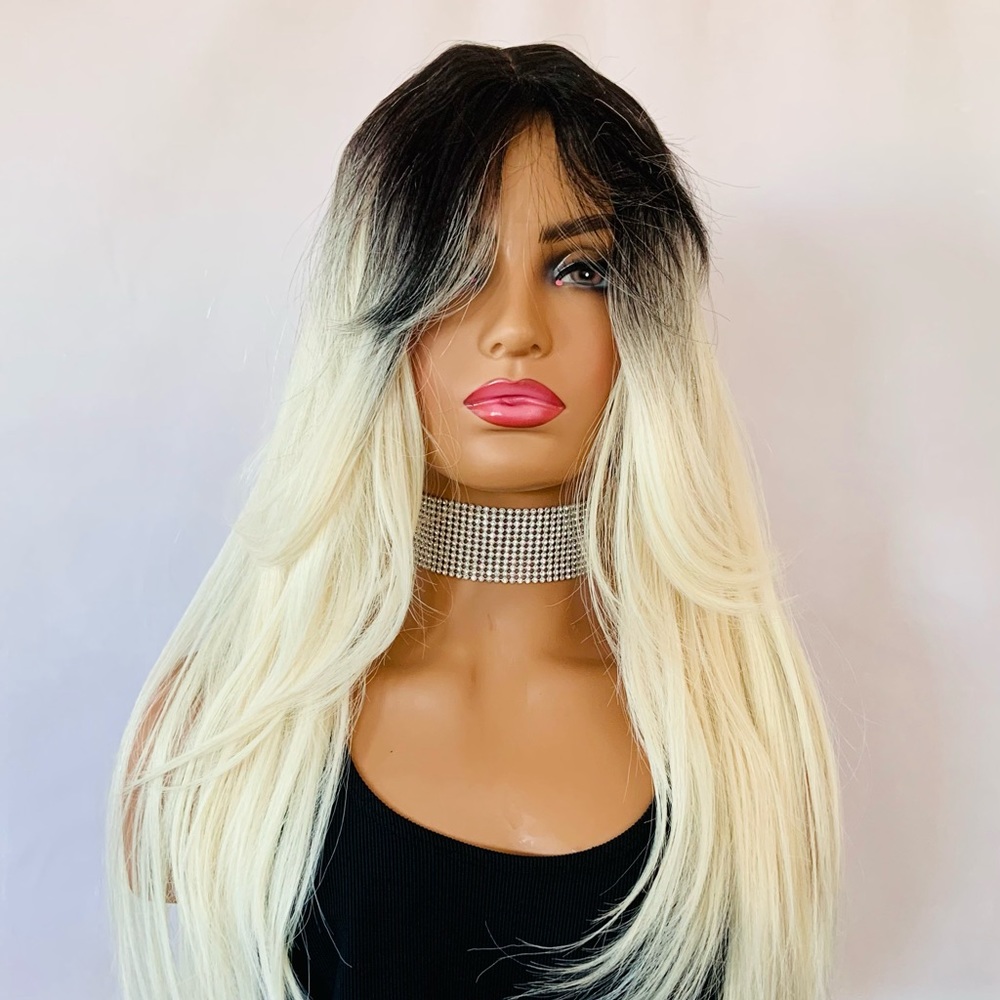 Long Ombre Blonde “Put On & Go” Premium Fiber Wig with Bangs w Simulated Scalp 🤩